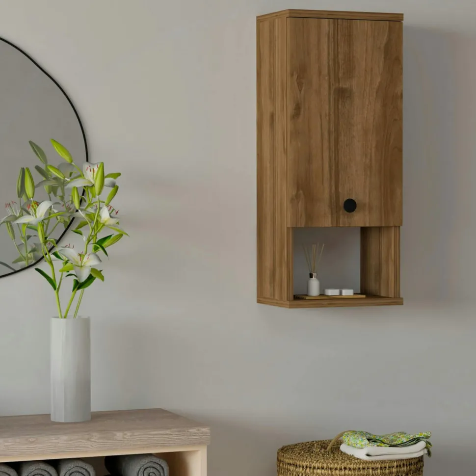 Armoire de toilette effet bois clair, 1 porte 1 niche MARFA