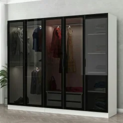 Armoire dressing design blanc 5 portes verre H 210 cm BYRON