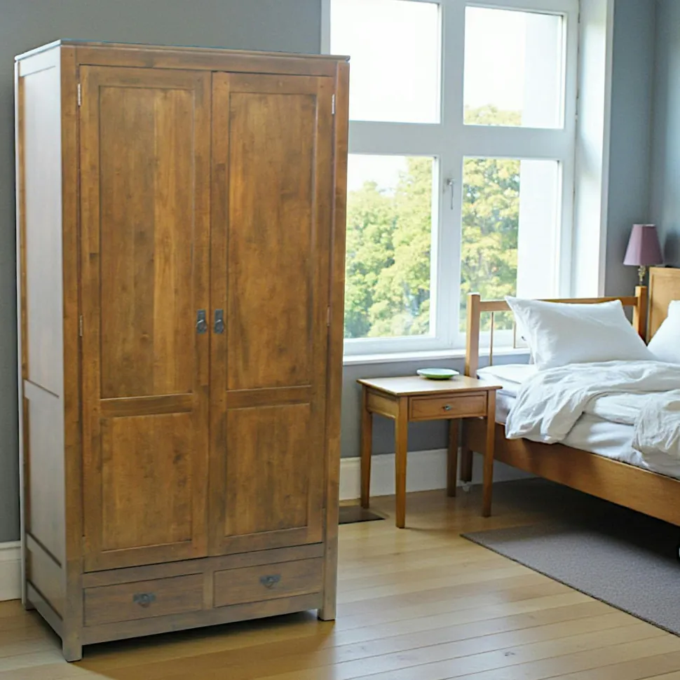 Armoire Hévéa 2 portes, 2 tiroirs, 100x55x195cm HELENA