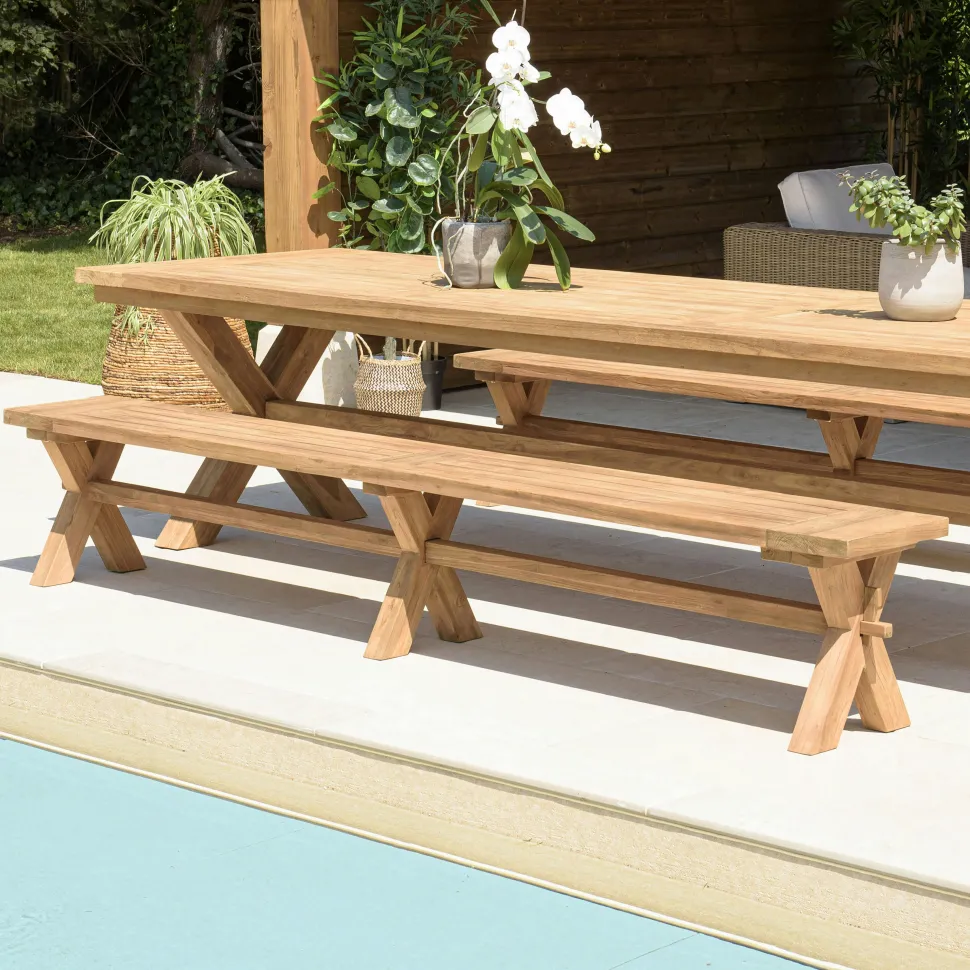 Banc de jardin pieds en croix teck recyclé naturel 270 cm MANY