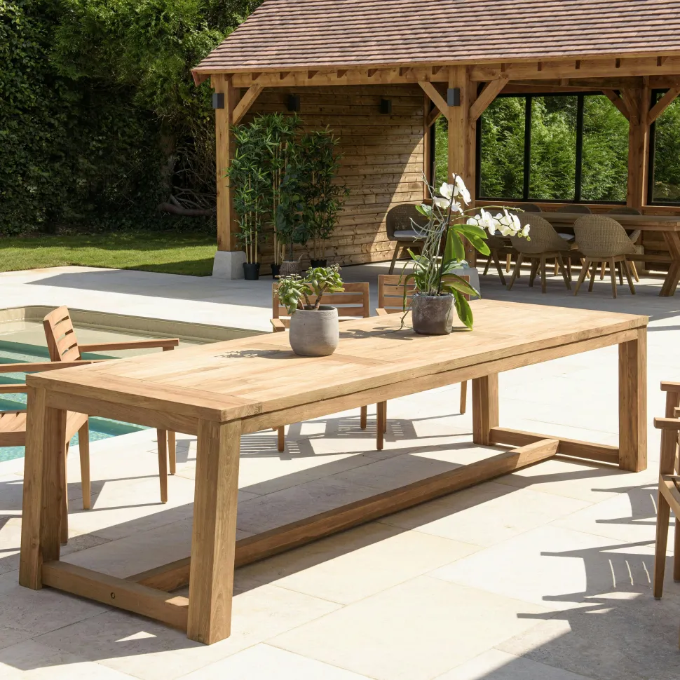 Banc de jardin pieds en croix teck recyclé naturel 270 cm MANY