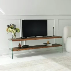 Banc TV bois anthracite et verre - 2 niveaux, 140 cm LHASA