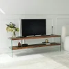 Banc TV en bois brun et verre - 2 niveaux, 140 cm LHASA