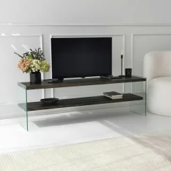 Banc TV en bois brun et verre - 2 niveaux, 140 cm LHASA