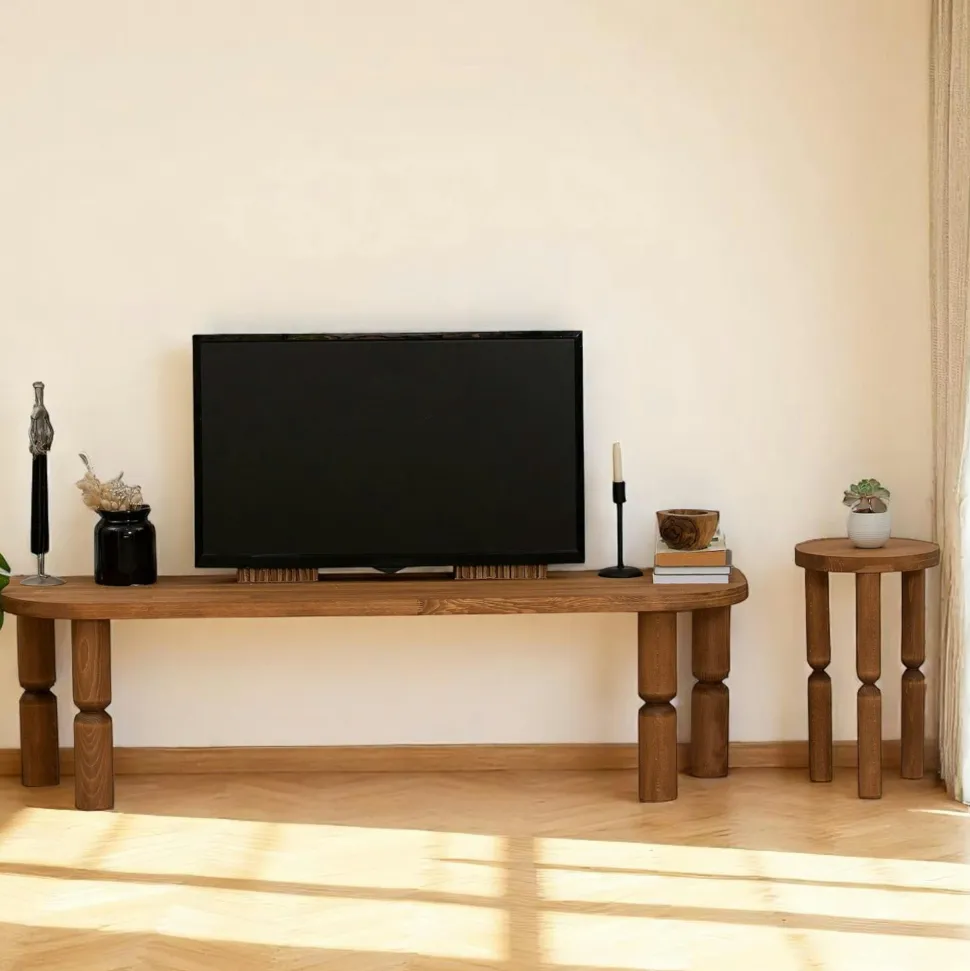 Banc TV en bois marron - pieds tournés, 140 cm BOMA