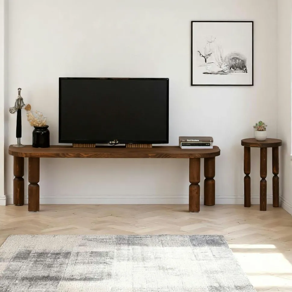 Banc TV en bois marron - pieds tournés, 140 cm BOMA