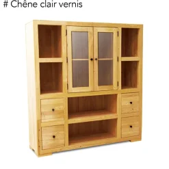 Bibliothèque / Vaisselier Hévéa 2 portes vitrées et bois, 2 tiroirs, 6 niches 130x40x140cm OLGA