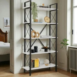 Bibliothèque étagère noire, 5 plateaux blancs JENA