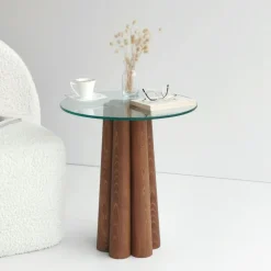 Bout de canapé en verre et bois brun - base sculptée ANZIO