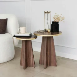 Bout de canapé moderne effet noyer - pieds trapèze, 2 pièces MARFA