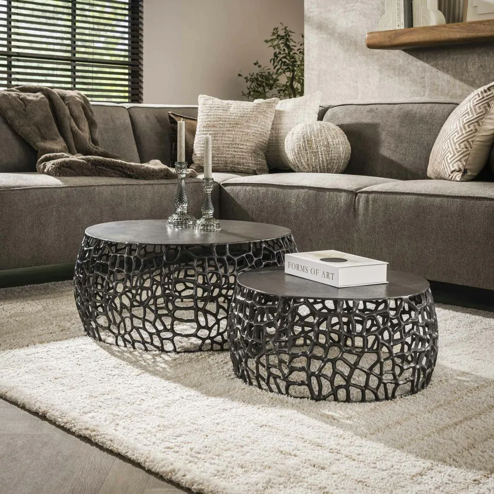 Bout de canapé nickel noir aluminium motifs ajourés (2 pièces)