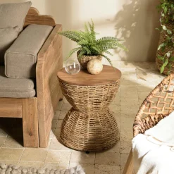 Bout de canapé rond en rotin beige plateau bois 41 cm SWING