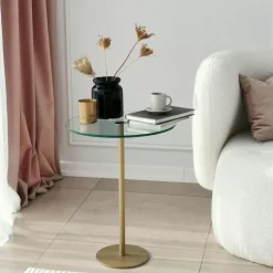Bout de canapé rond en verre, pied métal noir Ø40 cm TULUM