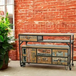 Buffet / Console à roulettes en 2 parties, 4 + 1 tiroirs, 1 porte en Hévéa recyclé coloré et métal 150x53x97cm LOFT COLORS