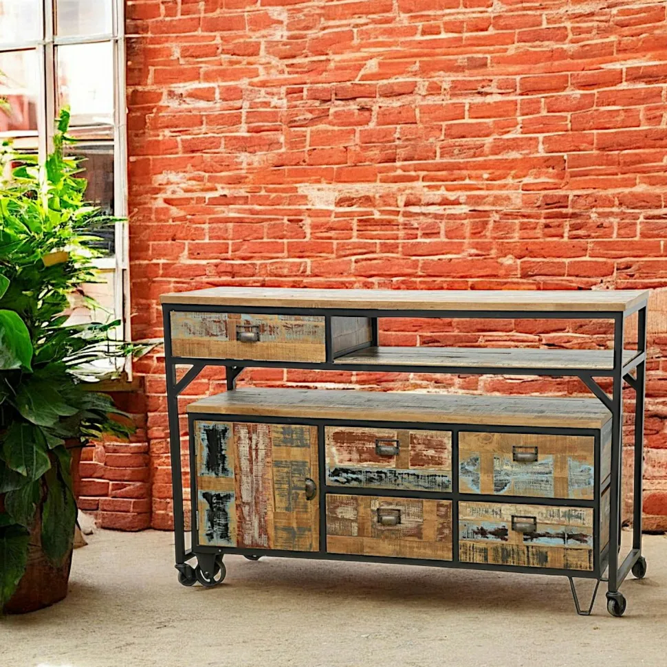 Buffet / Console à roulettes en 2 parties, 4 + 1 tiroirs, 1 porte en Hévéa recyclé coloré et métal 150x53x97cm LOFT COLORS