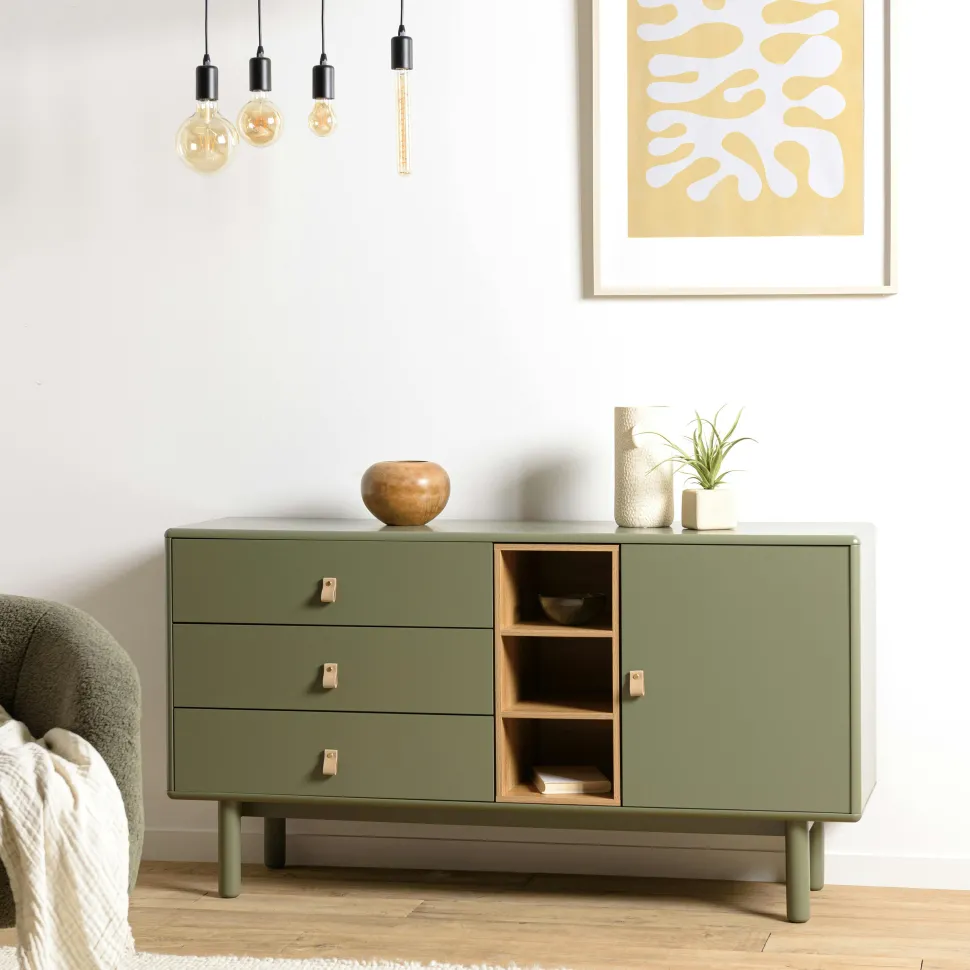 Buffet 1 porte 3 tiroirs bois vert nature GUILIN