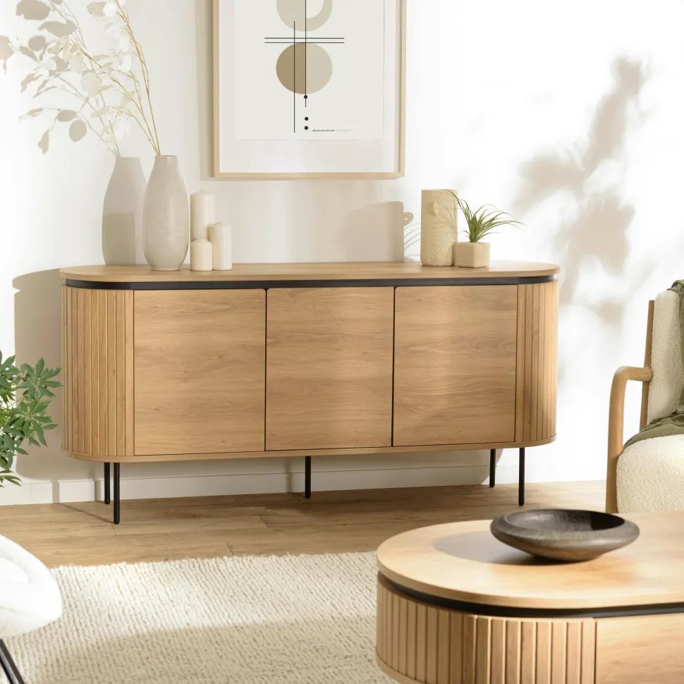 Buffet 3 portes bords arrondis bois décor strié JINAN