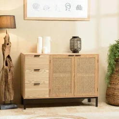 Buffet bas 3 portes cannage naturel pieds métal PALMA
