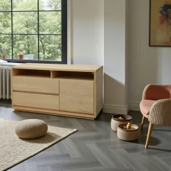 Buffet bas Hévéa 1 porte, 2 tiroirs, 2 niches hautes sous plateau 100x40x56cm BALTIC