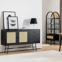 Buffet bohème effet bois, 2 portes en cannage VAREN