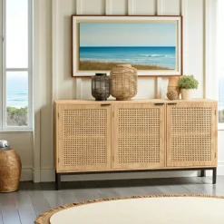 Buffet bois clair 2 portes rotin 3 tiroirs pieds métal PALMA