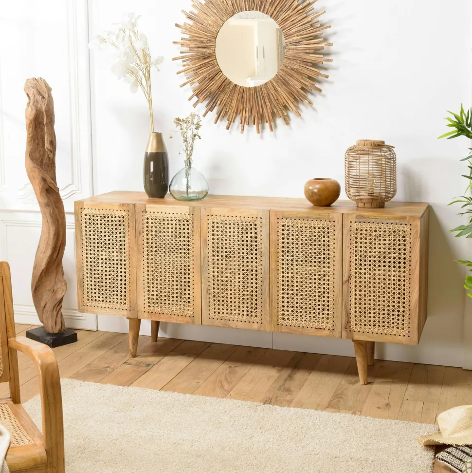Buffet haut en bois de manguier et cannage MALAGA