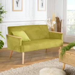 Canapé 2 places en velours vert et bois TIM