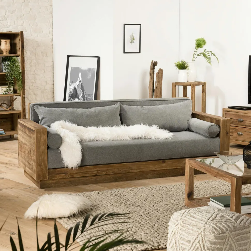 Canapé convertible en bois recyclé coussins taupe DENVER