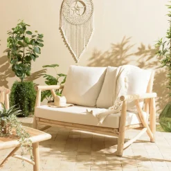 Canapé exotique 2 places dossier cannage teck et coussin gris MANAK