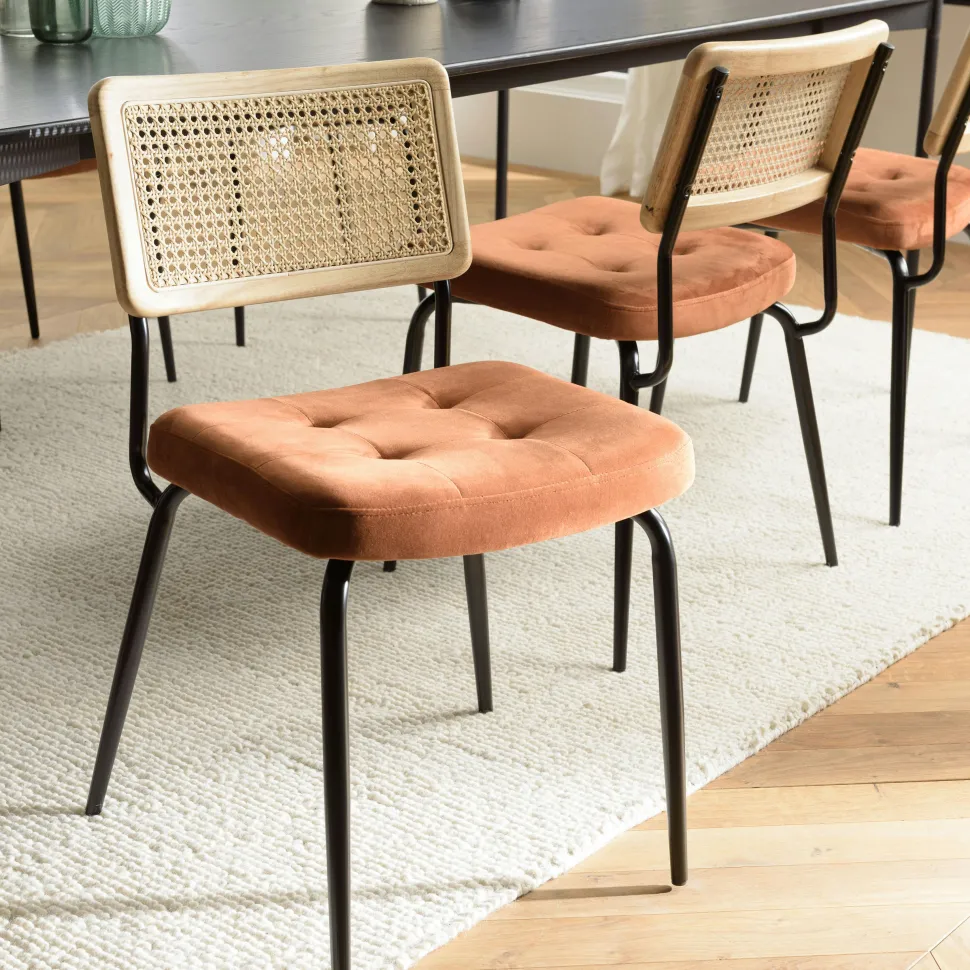 Chaise bois et cannage assise cuir havane (lot de 2) TIM