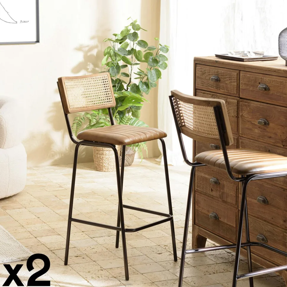 Chaise bois et cannage assise cuir havane (lot de 2) TIM