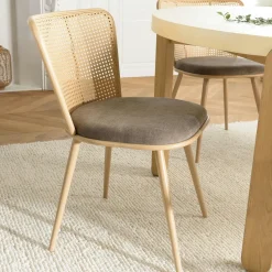 Chaise moderne dossier rotin assise velours taupe (lot de 2) LOANO