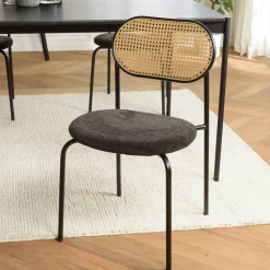 Chaise métal dossier cannage ovale assise velours noir (lot de 2) LOANO