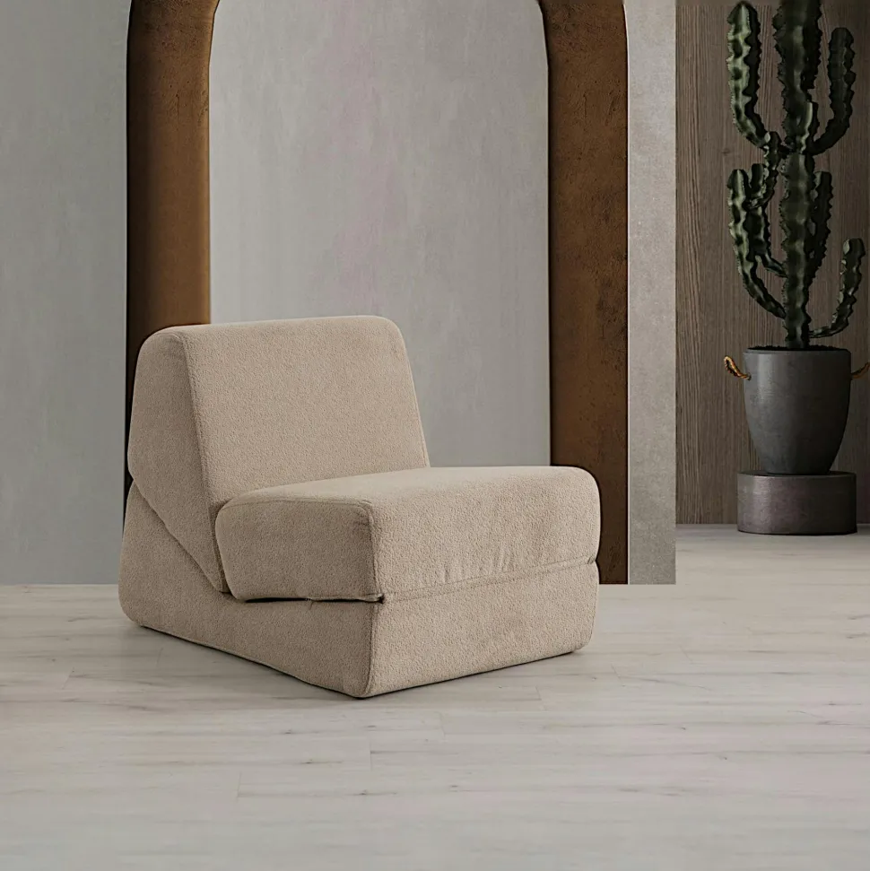 Chauffeuse convertible taupe bouclette, lit d'appoint SAPPO