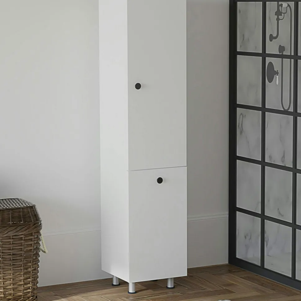Colonne salle de bains blanche, porte & panier linge MARFA