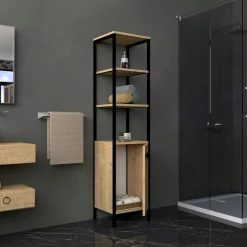 Colonne salle de bains effet chêne 1 porte 3 étagères JENA