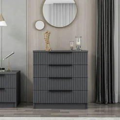 Commode blanche moderne 4 tiroirs, façade rainurée BYRON
