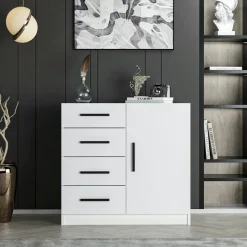 Commode blanche moderne 4 tiroirs rangement 1 porte MARFA