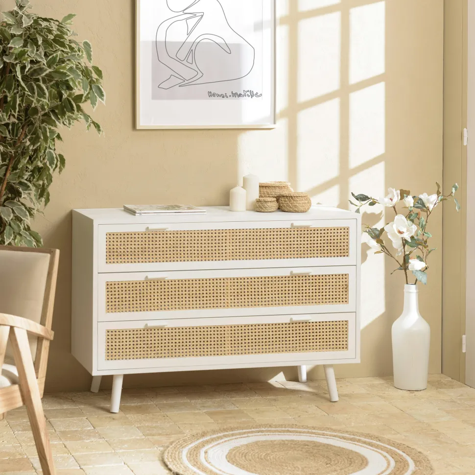 Commode bois blanc et cannage naturel 3 tiroirs CALVIA