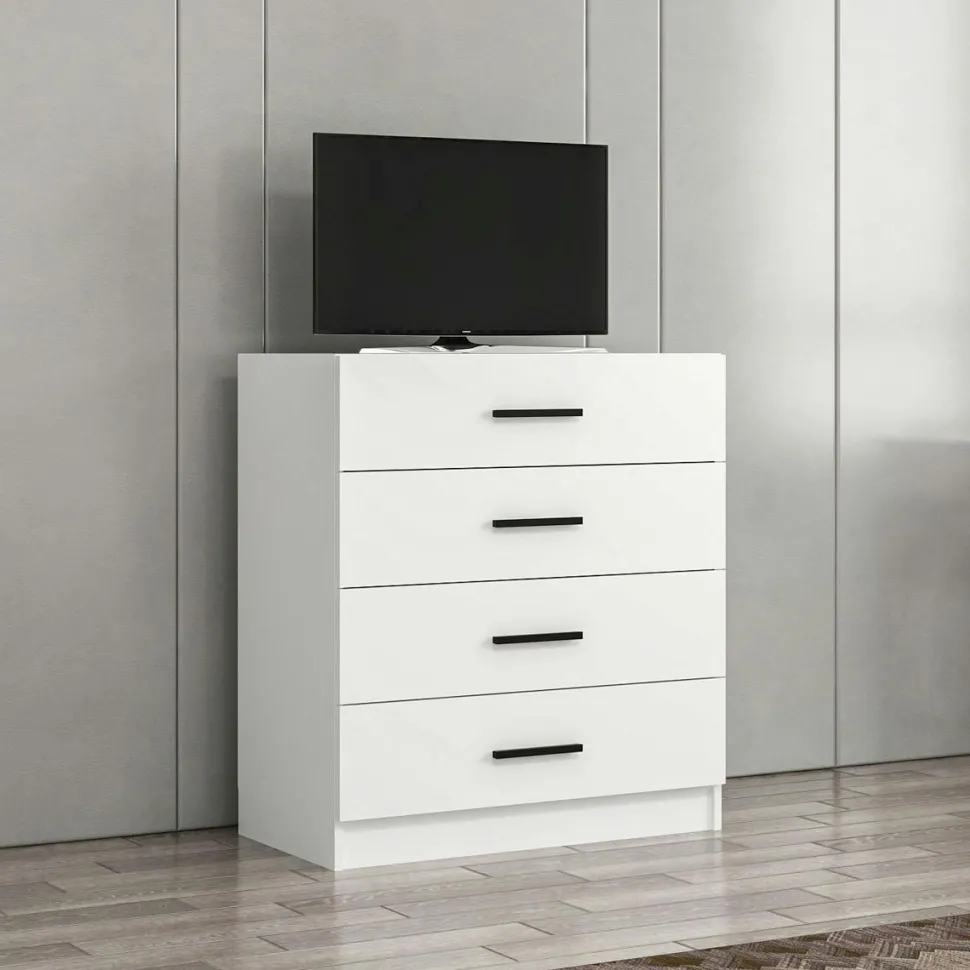 Commode chambre blanche 4 tiroirs, poignées baguettes MARFA