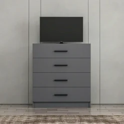 Commode chambre blanche 4 tiroirs, poignées baguettes MARFA