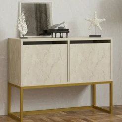 Console basse avec niches de rangement, effet travertin JENA