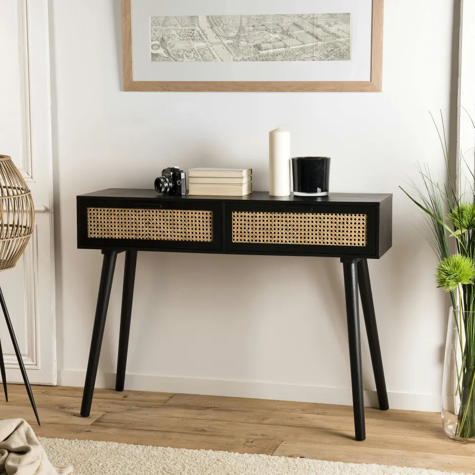Console bois noir tiroirs cannage PALMA 2