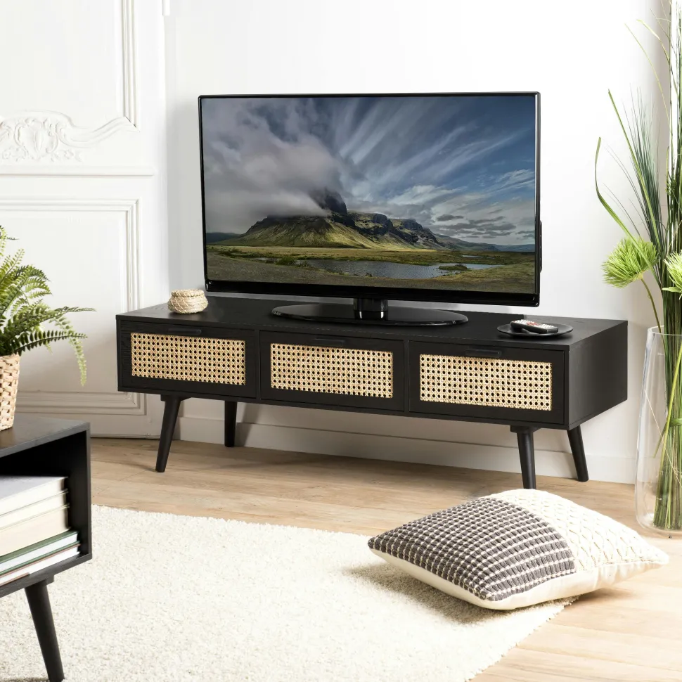 Console bois noir tiroirs cannage PALMA 2