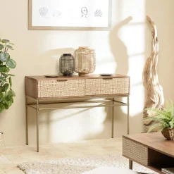 Console bois vintage pieds métal laiton 2 tiroirs graphiques KANHA