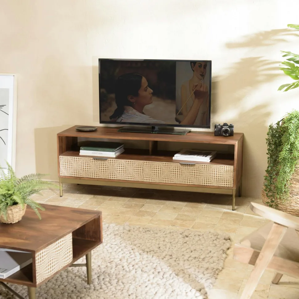 Console bois vintage pieds métal laiton 2 tiroirs graphiques KANHA