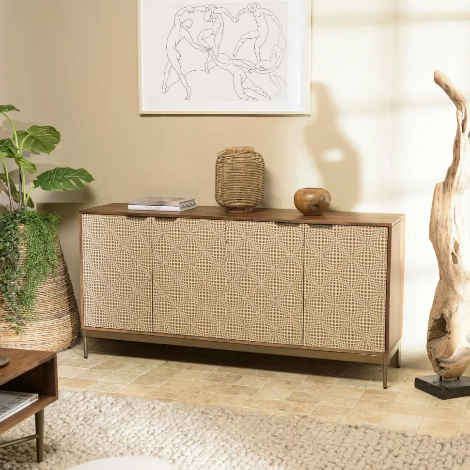 Console bois vintage pieds métal laiton 2 tiroirs graphiques KANHA