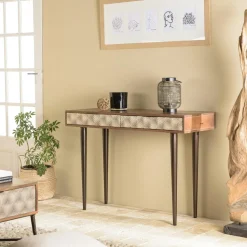 Console contemporaine bois exotique pieds métal 2 tiroirs effet graphique KANHA