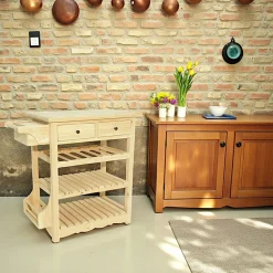 Desserte de cuisine Hévéa 2 tiroirs, 2 étagères, 1 rack à bouteilles, 1 rangement latéral 70x45x84cm TRADITION