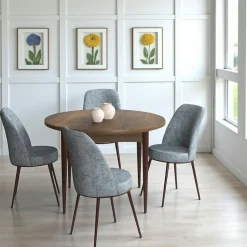 Ensemble table ronde Ø90 cm + 4 chaises gris clair à motifs AROLA